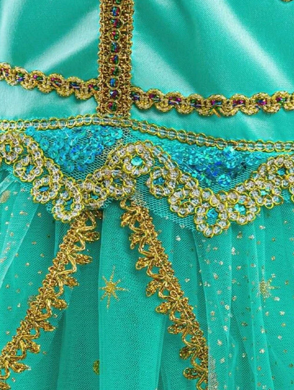 Girls' Aqua Tulle Princess Dress with Gold Trim